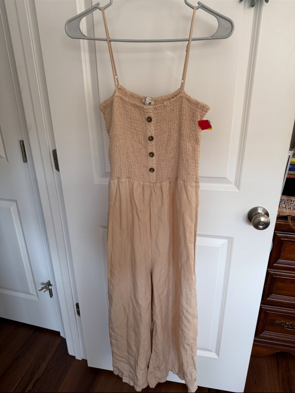 Love Tree Beige Smocked Button-Front Jumpsuit